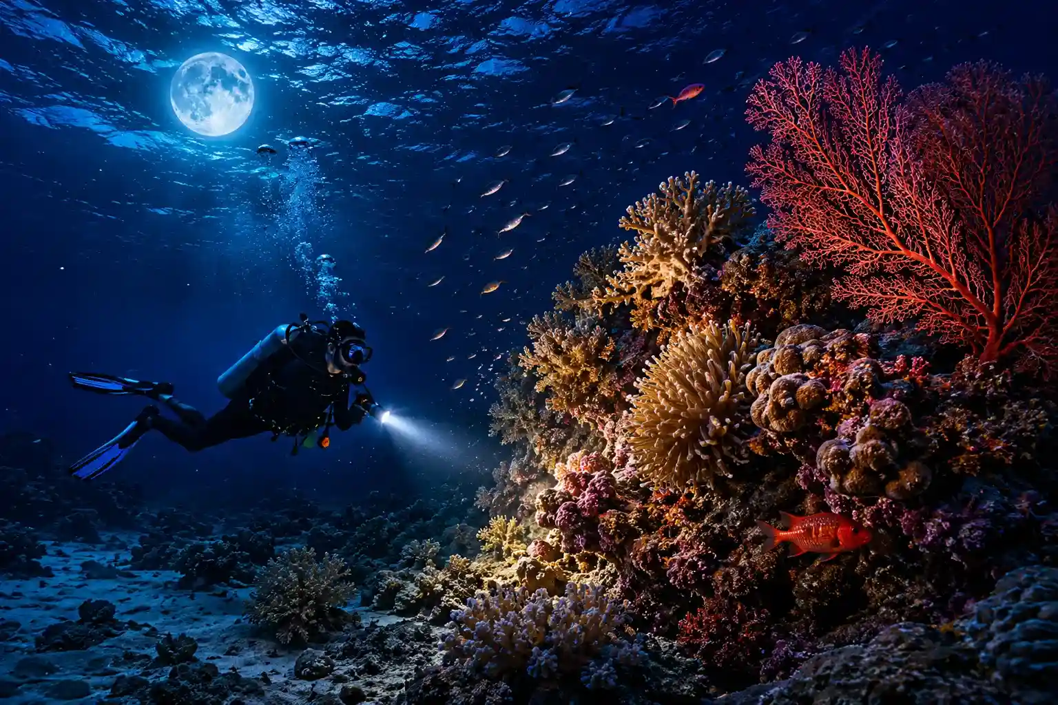 Night dive with torchlight Red Sea Hurghada nocturnal marine life