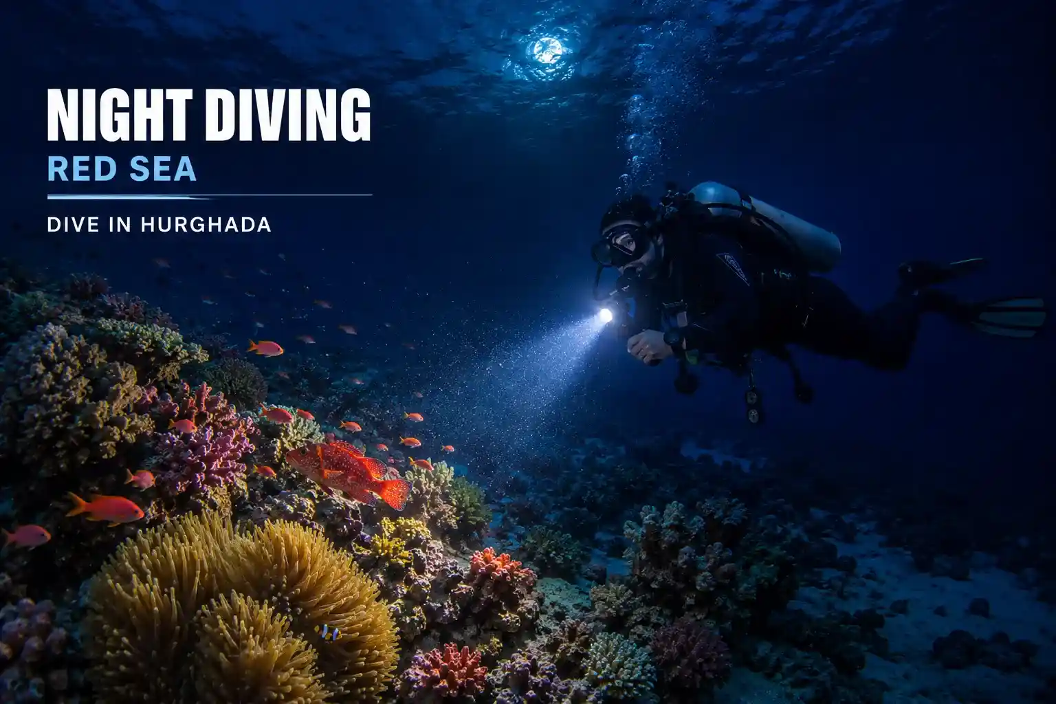 Night dive torchlight bioluminescence Red Sea