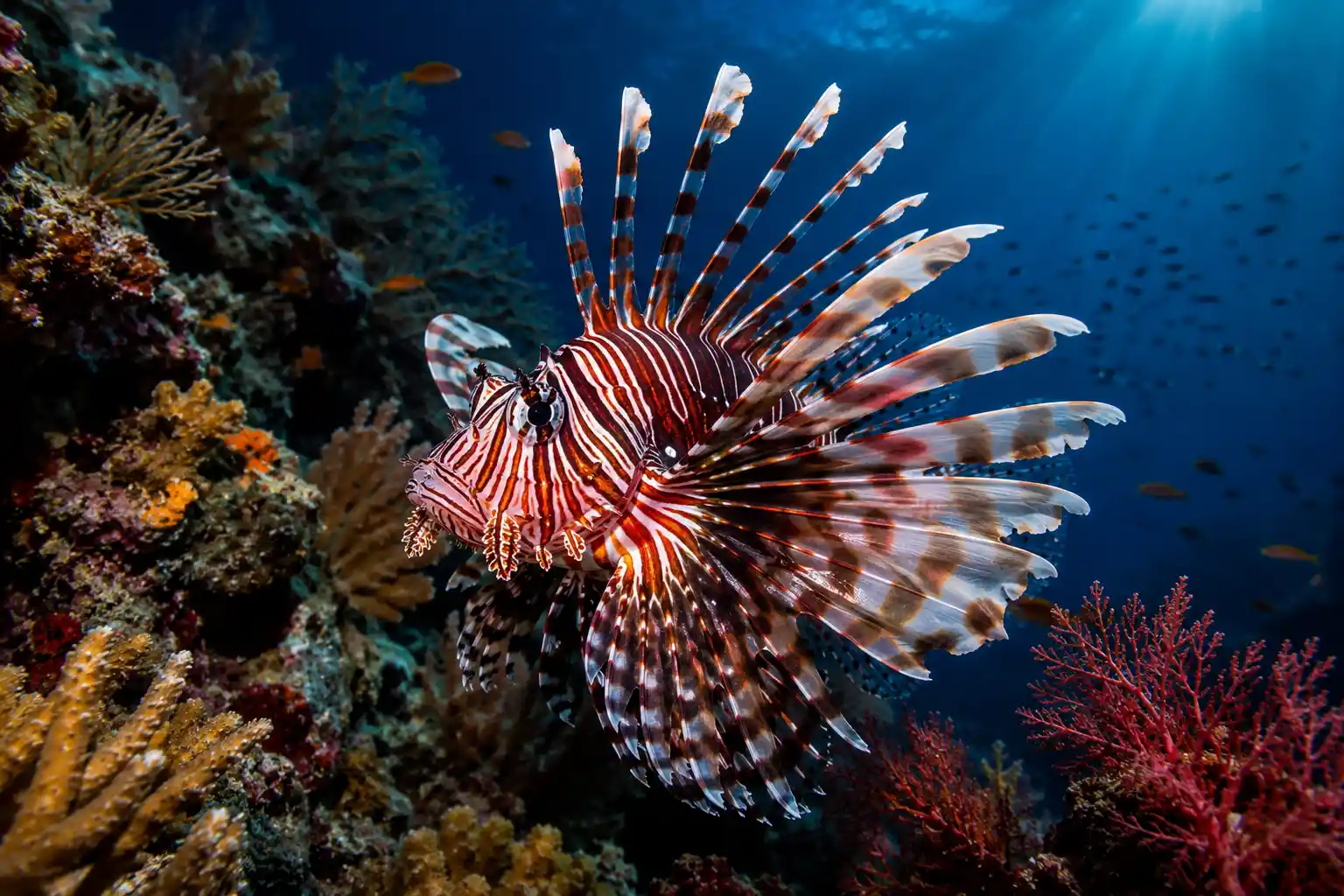 Red Sea lionfish venomous fins coral reef macro photography