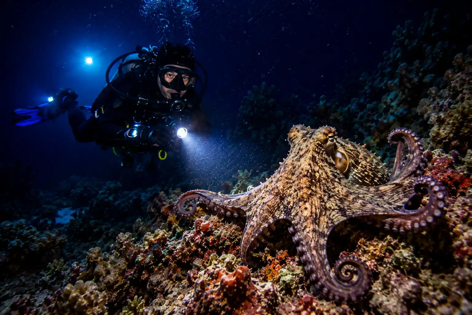 Octopus hunting at night Red Sea bioluminescent underwater