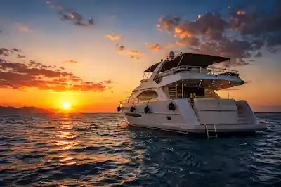 Golden sunset over diving boat on Red Sea Hurghada Egypt